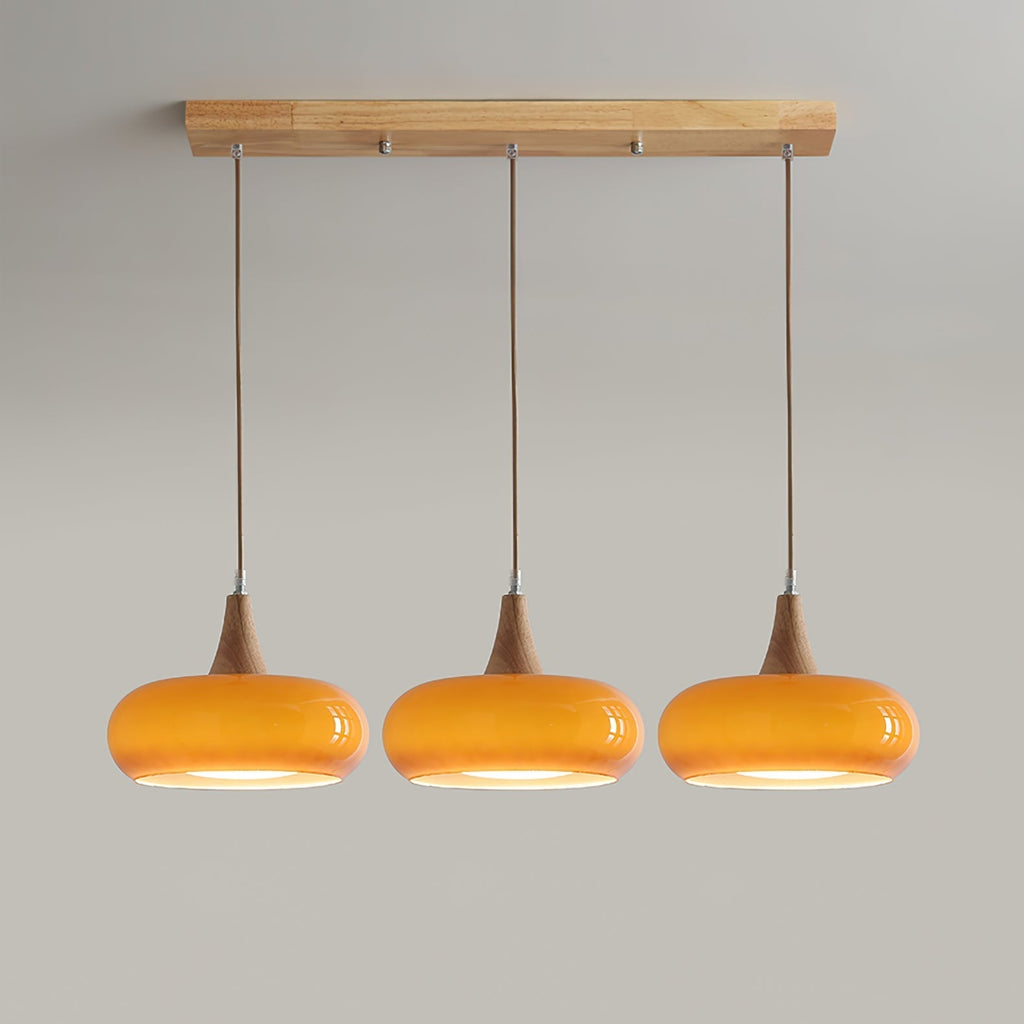 Suspension en verre et bois Charlotte – 1 à 3 têtes, globe orange ou blanc