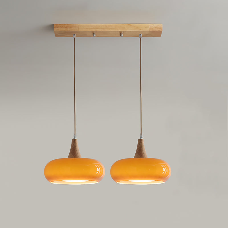 Suspension en verre et bois Charlotte – 1 à 3 têtes, globe orange ou blanc