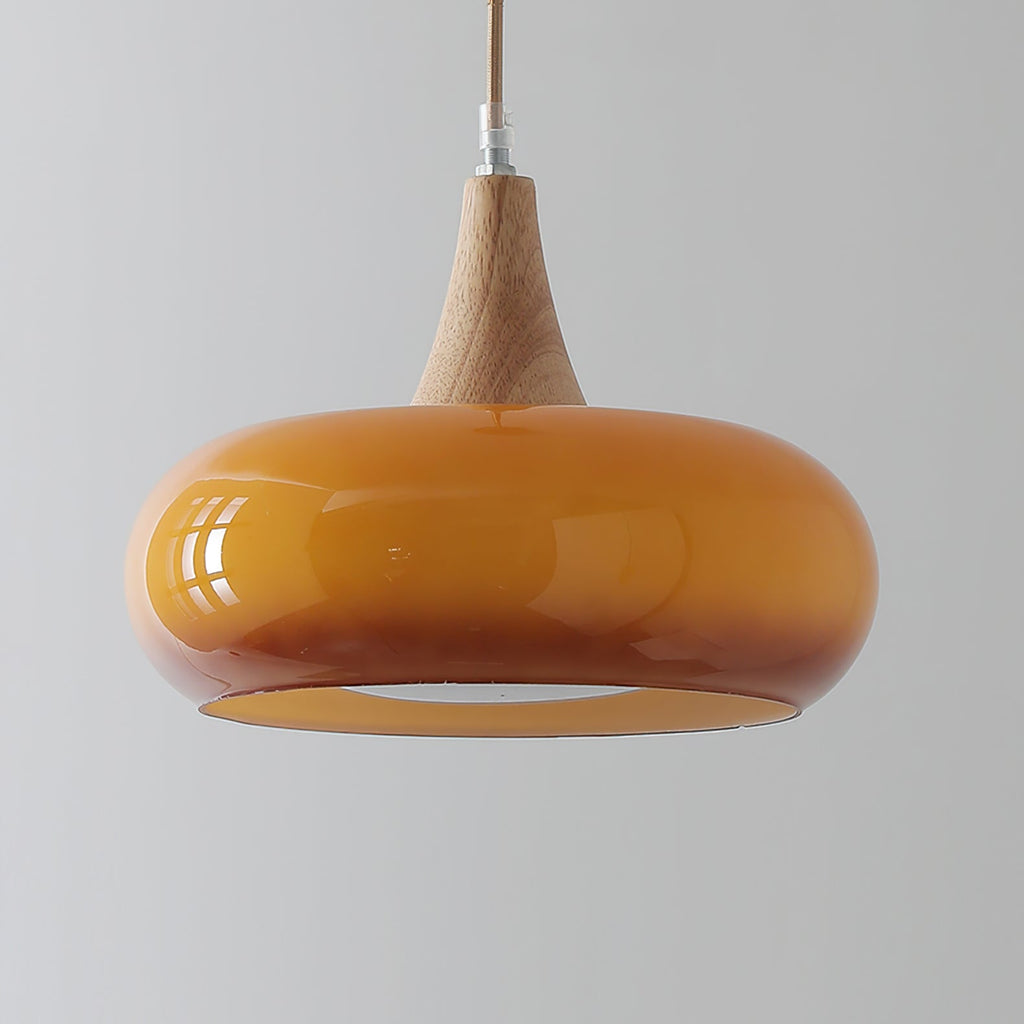 Suspension en verre et bois Charlotte – 1 à 3 têtes, globe orange ou blanc