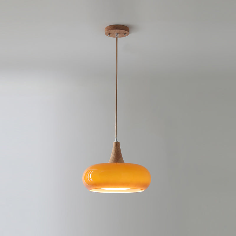 Suspension en verre et bois Charlotte – 1 à 3 têtes, globe orange ou blanc