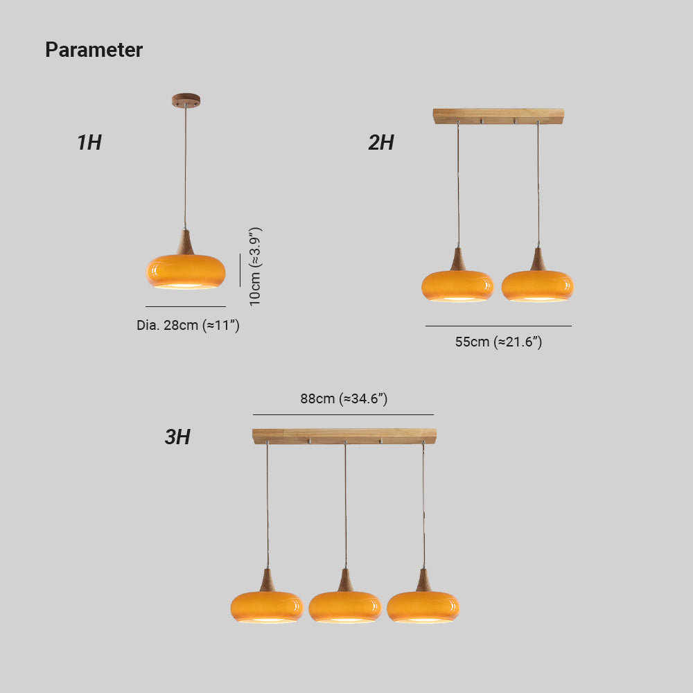 Suspension en verre et bois Charlotte – 1 à 3 têtes, globe orange ou blanc