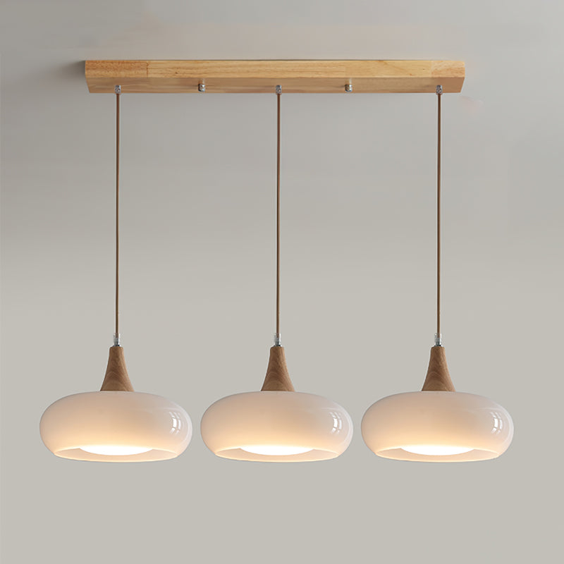 Suspension en verre et bois Charlotte – 1 à 3 têtes, globe orange ou blanc