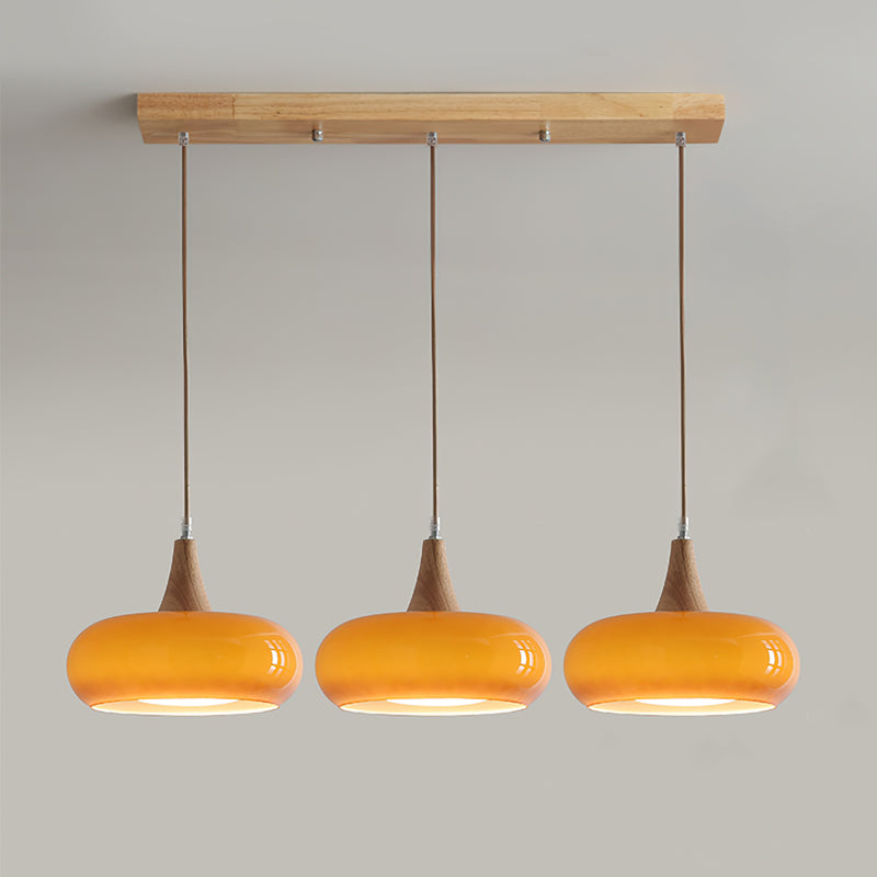 Suspension en verre et bois Charlotte – 1 à 3 têtes, globe orange ou blanc