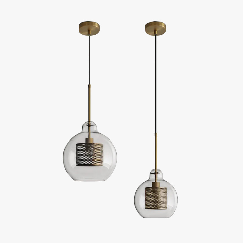 Suspension en verre Hessa – Globe ou cylindre, monture dorée ou argentée