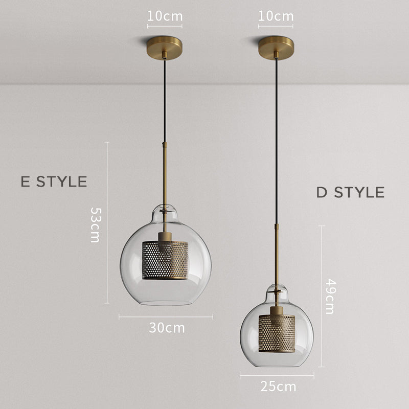 Suspension en verre Hessa – Globe ou cylindre, monture dorée ou argentée
